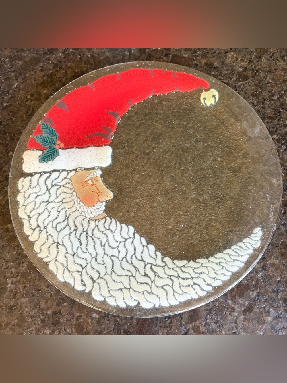 Peggy Karr Fused Glass Crescent Santa 11” Plate Signed